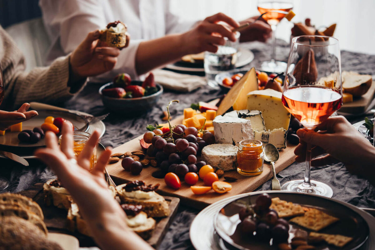 A spread of regional cheeses and wines.
