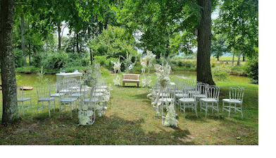 Chairs set out for a wedding ceremony in the meadow, in the shade of the trees.